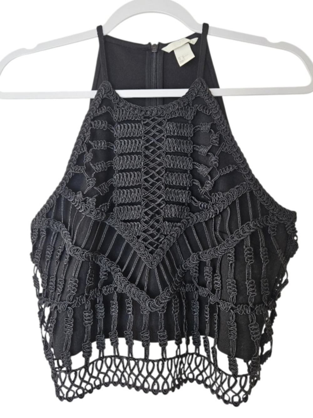 H&M Embroidered Boho Halter Crop Top Size M Black Crochet Festival Macrame